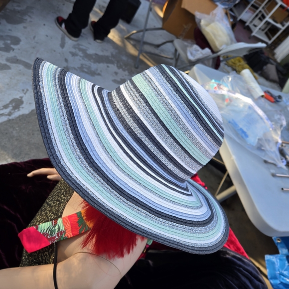 Accessory Street Aqua Mist Wide Brim Sun Hat Metallic Stripe Floppy Hat - Picture 4 of 12